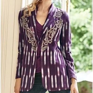 Soft Surroundings Women's Jacket Blazer Topkapi Ikat Printed Beaded Purple XL